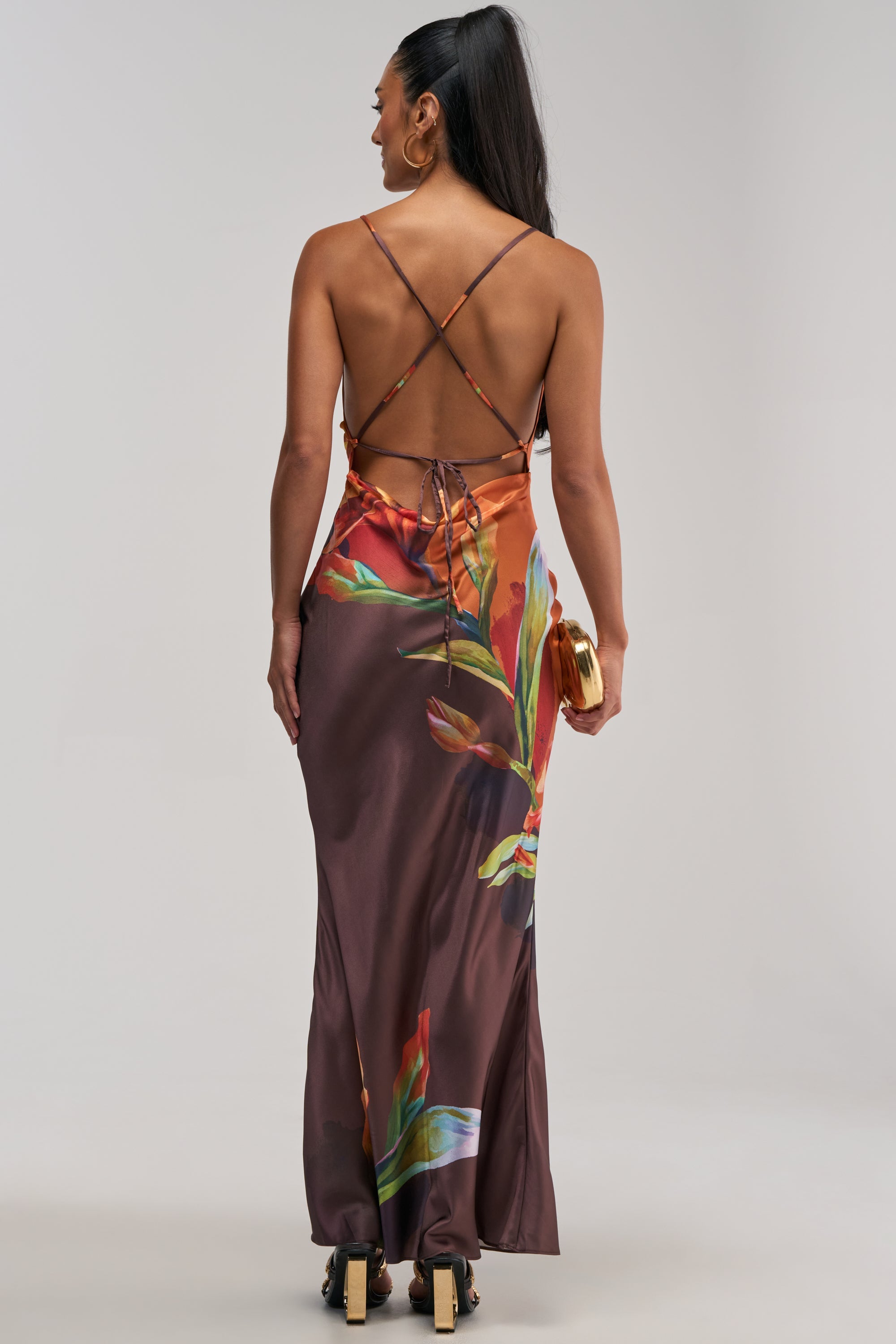THE MAIN EVENT FLORAL SATIN MAXI DRESS IN ORANGE