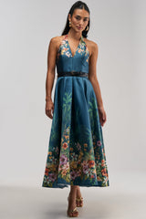 BOOKED AND BUSY FLORAL MIDI DRESS IN BLUE MULTI