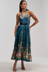 BOOKED AND BUSY FLORAL MIDI DRESS IN BLUE MULTI
