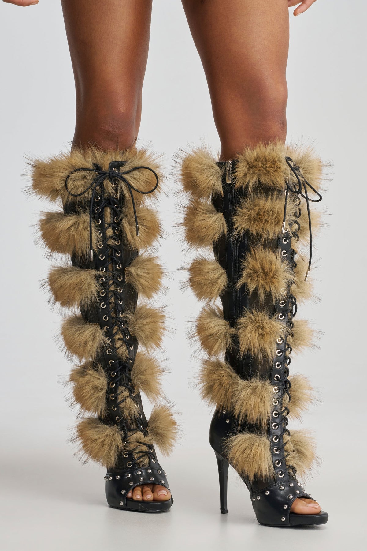 AZALEA WANG EMBRY TAN MULTI FUR OPEN TOE BOOT