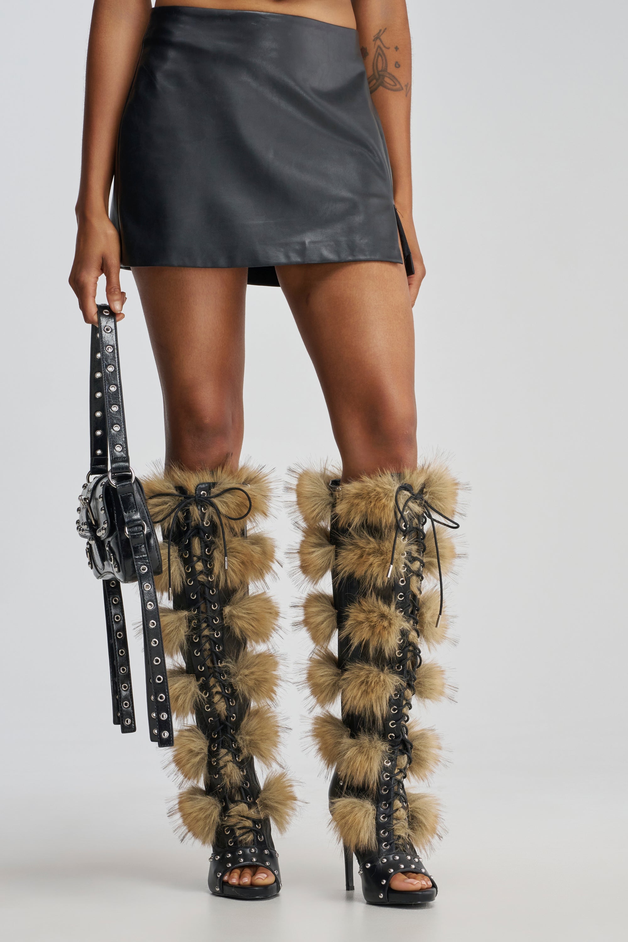 AZALEA WANG EMBRY TAN MULTI FUR OPEN TOE BOOT