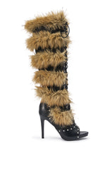 AZALEA WANG EMBRY TAN MULTI FUR OPEN TOE BOOT