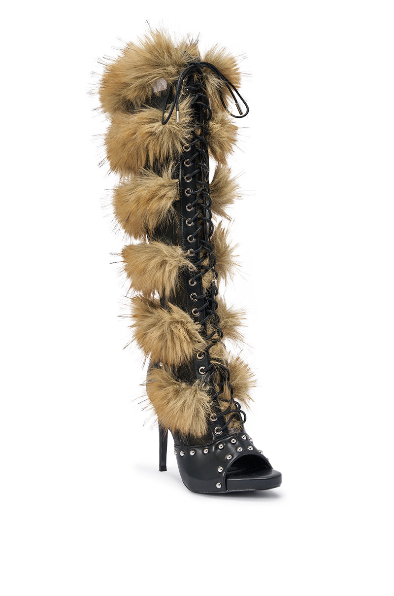 AZALEA WANG EMBRY TAN MULTI FUR OPEN TOE BOOT