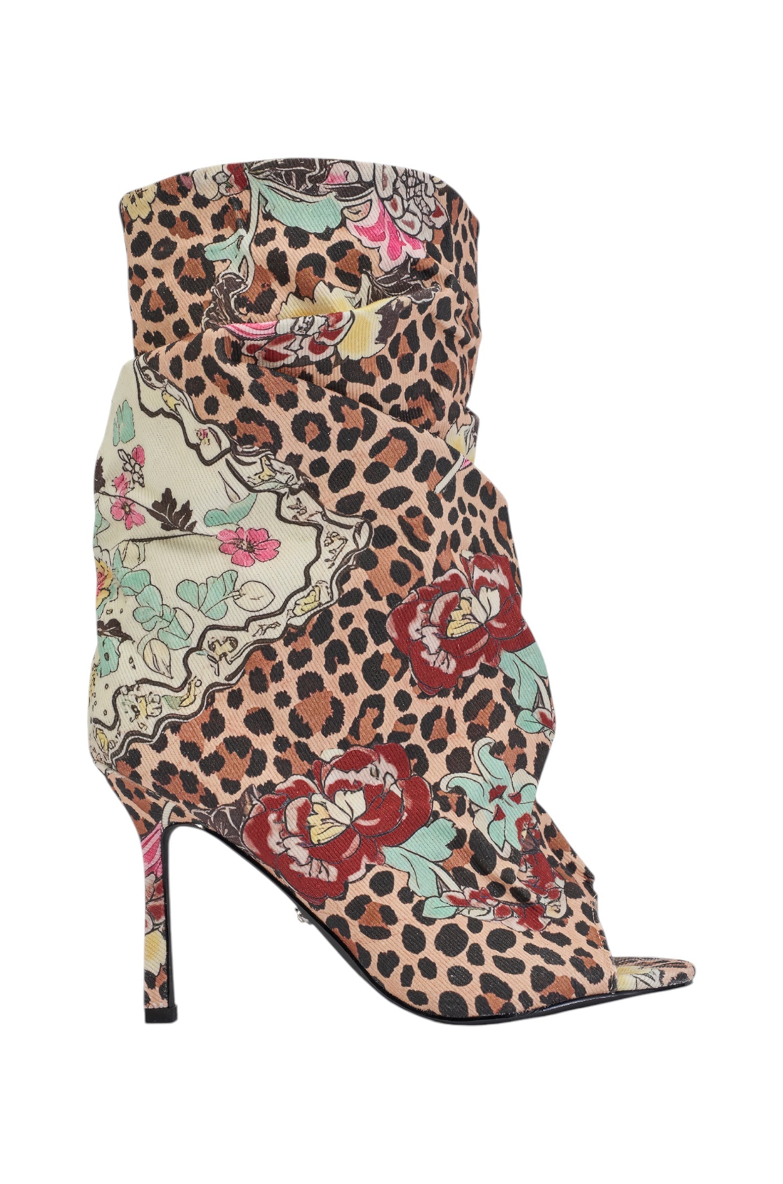 AKIRA GOLD ENJOY LEOPARD MULTI OPEN TOE RUCHED BOOTIE