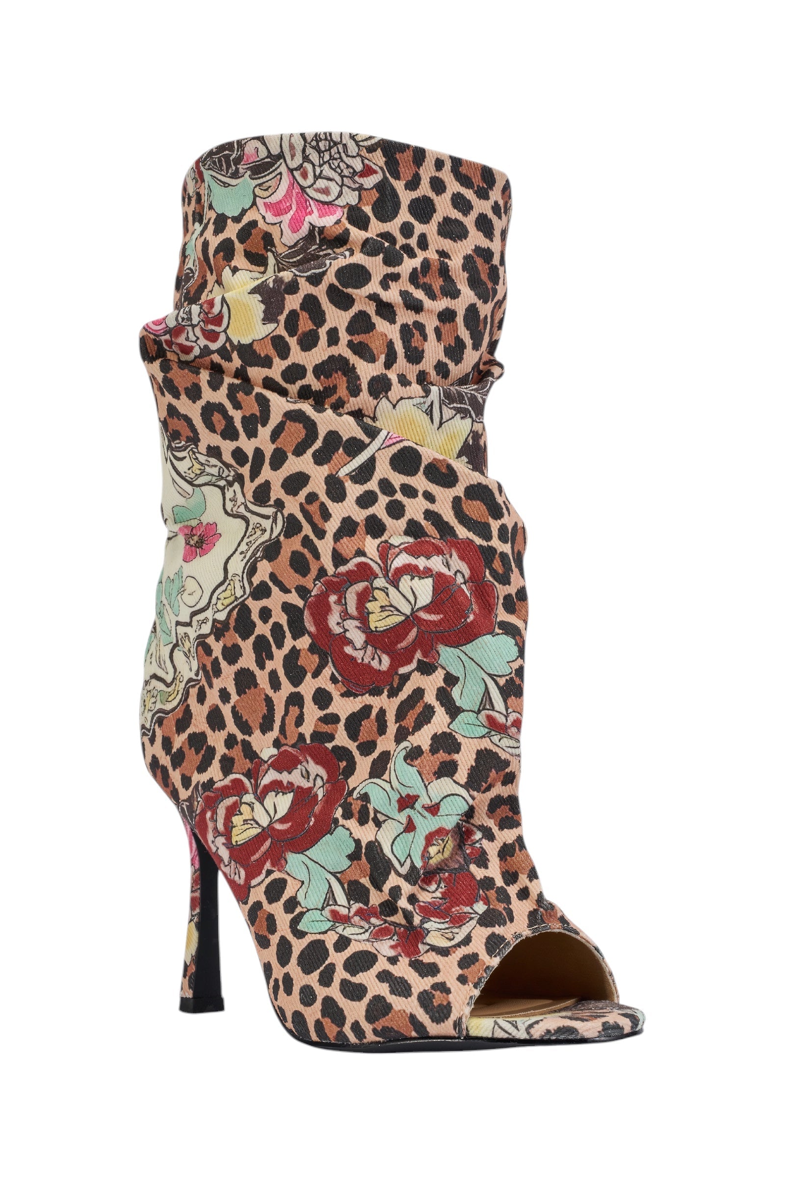 AKIRA GOLD ENJOY LEOPARD MULTI OPEN TOE RUCHED BOOTIE