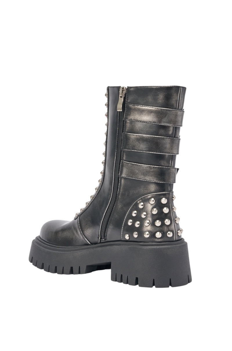 AKIRA GOLD ESTERA CHARCOAL EMBELLISHED COMBAT BOOTIE