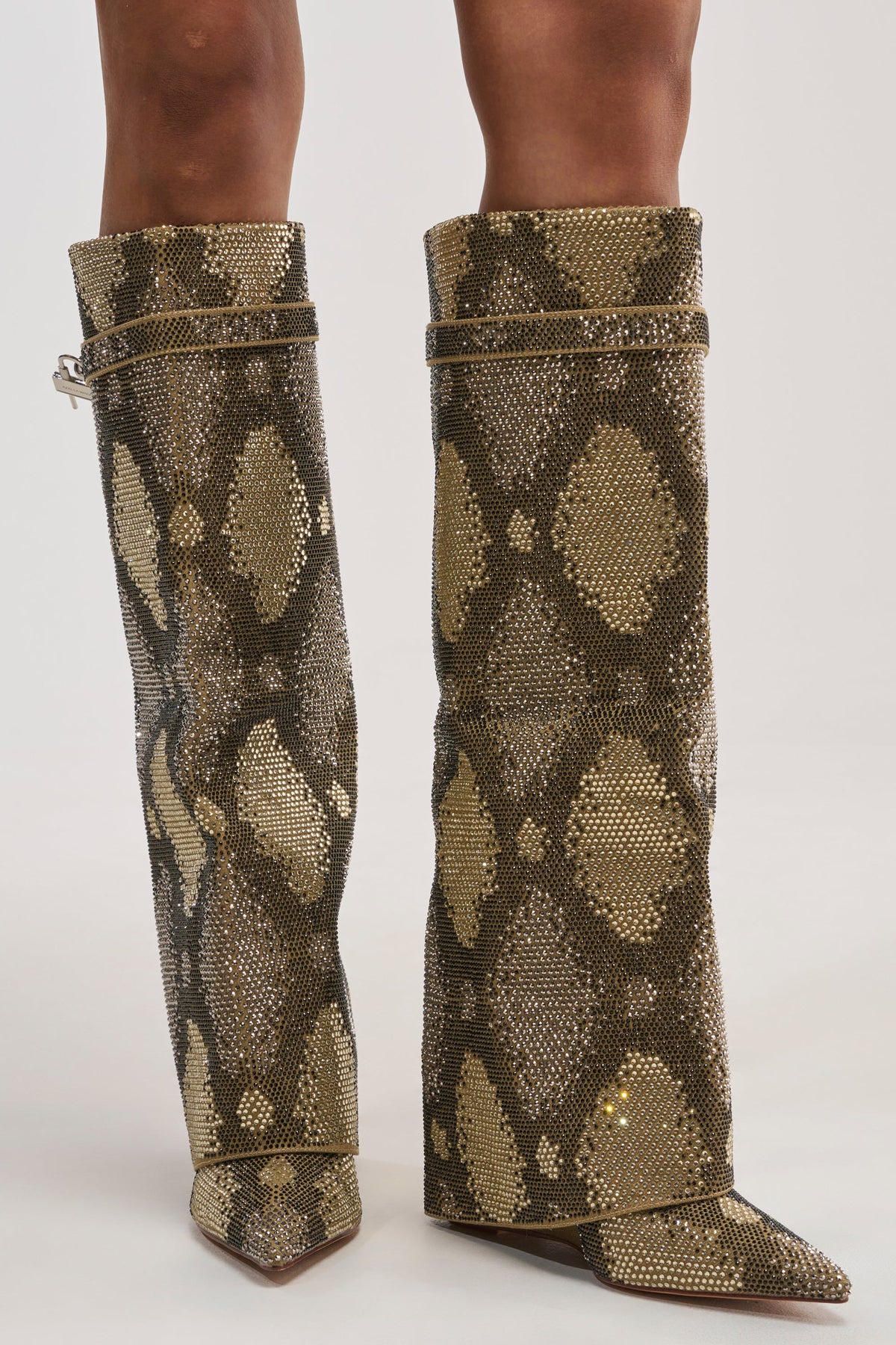 AZALEA WANG EVO KHAKI SNAKE SPARKLE WEDGE BOOT