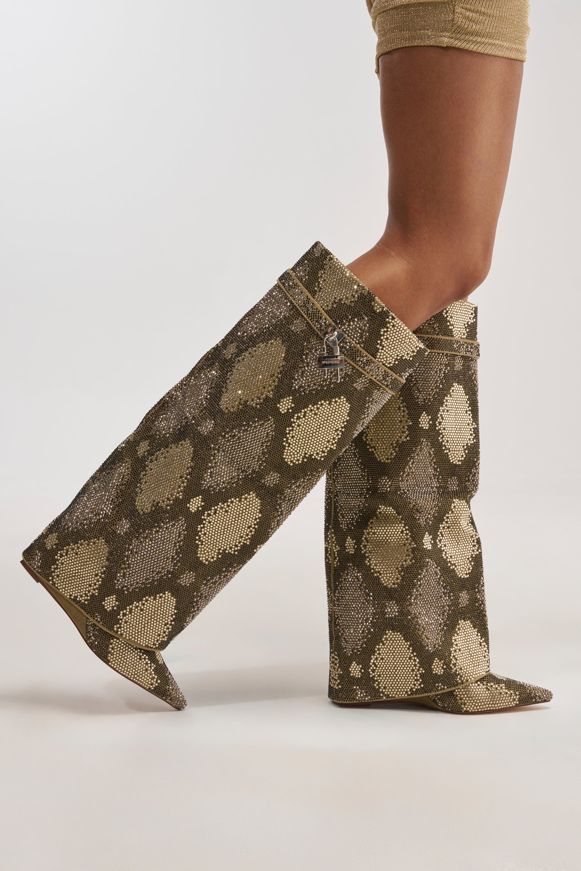 AZALEA WANG EVO KHAKI SNAKE SPARKLE WEDGE BOOT