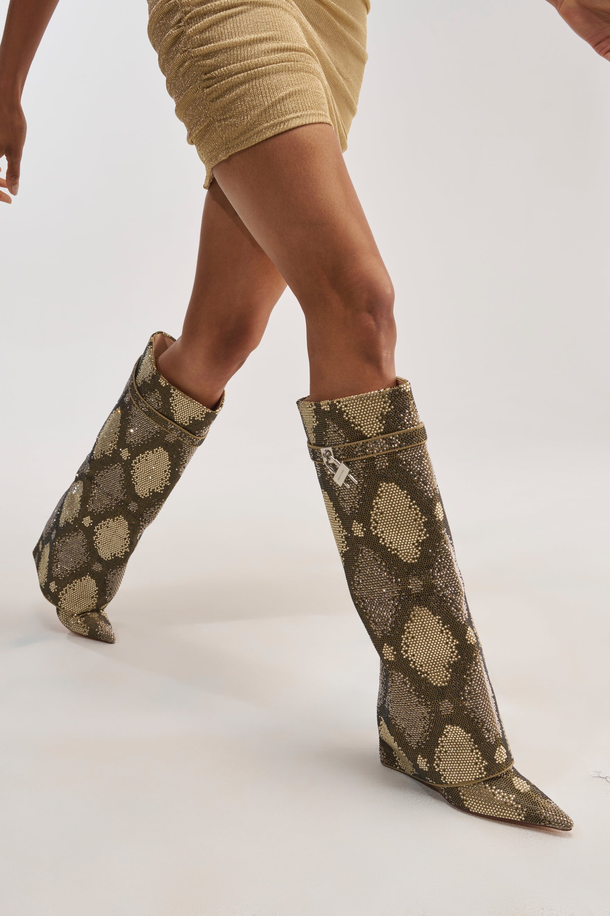 AZALEA WANG EVO KHAKI SNAKE SPARKLE WEDGE BOOT
