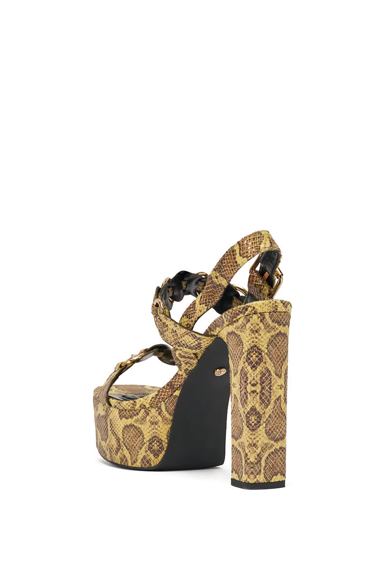 AKIRA GOLD SNAKE PRINT AND GOLD EMBELLISHED BLOCK PLATFORM SANDAL