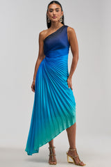 WILD CARD ONE SHOULDER OMBRE MIDI DRESS IN BLUE