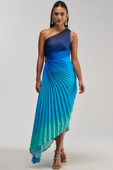 WILD CARD ONE SHOULDER OMBRE MIDI DRESS IN BLUE