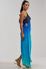 WILD CARD ONE SHOULDER OMBRE MIDI DRESS IN BLUE