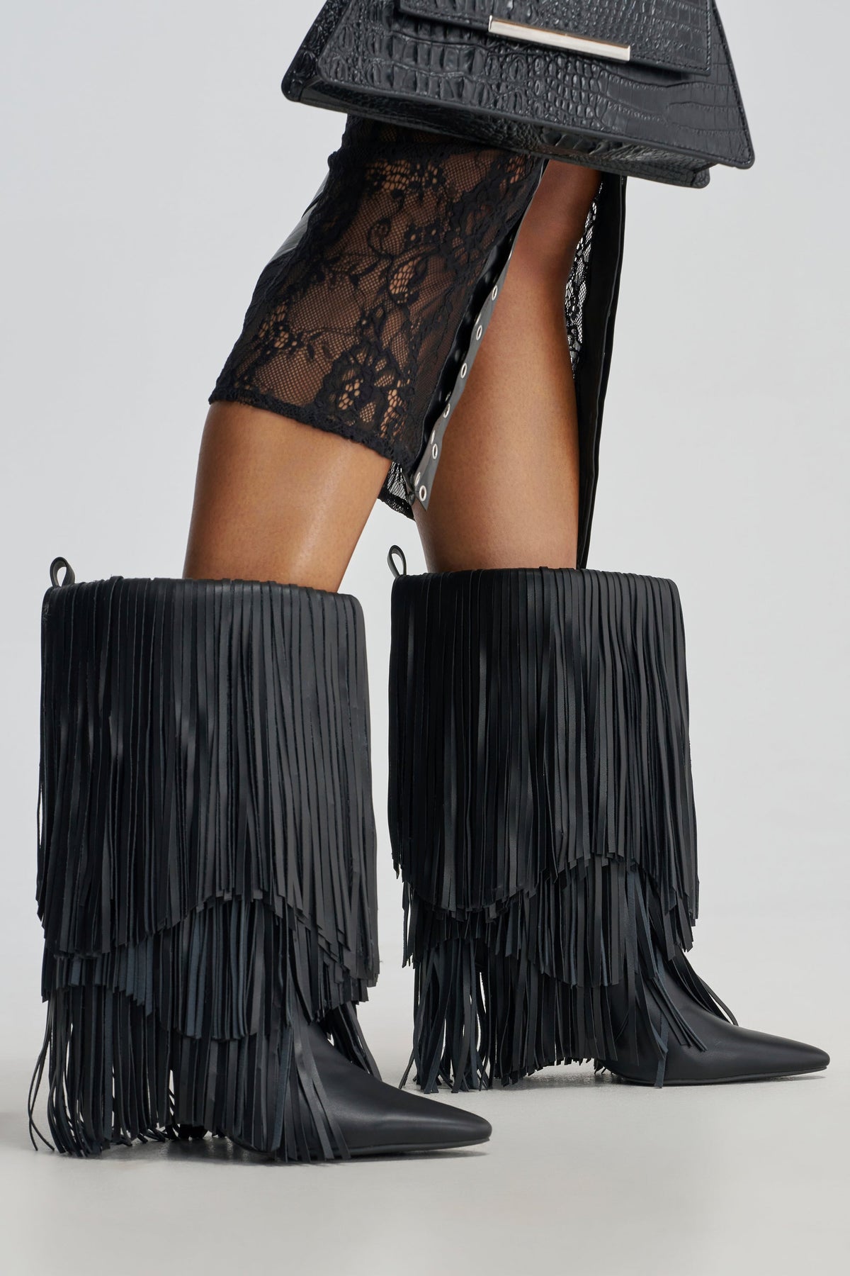 AZALEA WANG FIFER BLACK FRINGE STILETTO BOOTIE