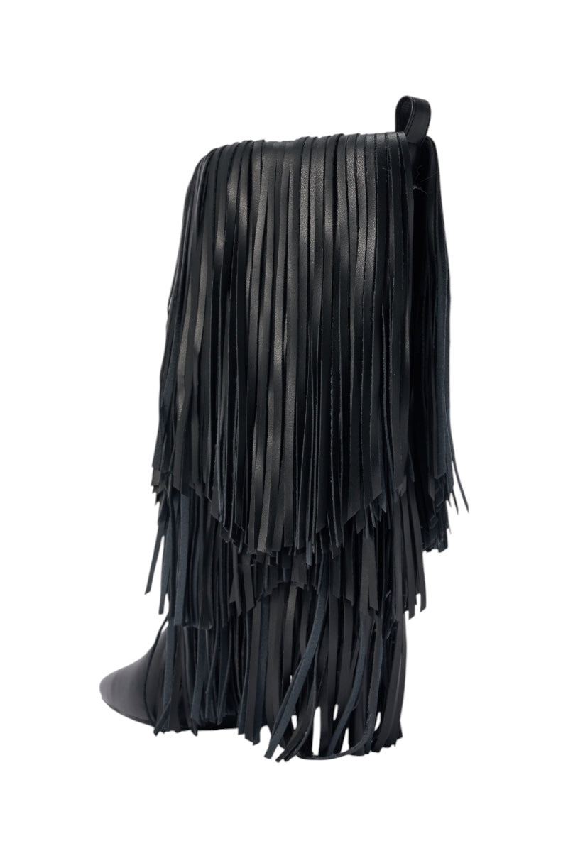 AZALEA WANG FIFER BLACK FRINGE STILETTO BOOTIE