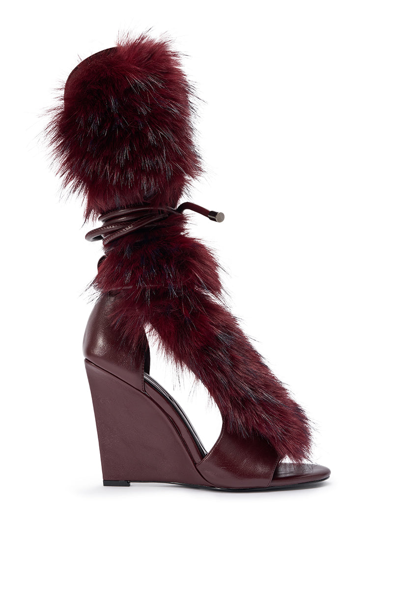 AZALEA WANG GENOVEVA BURGUNDY FUR WEDGE GLADIATOR SANDAL