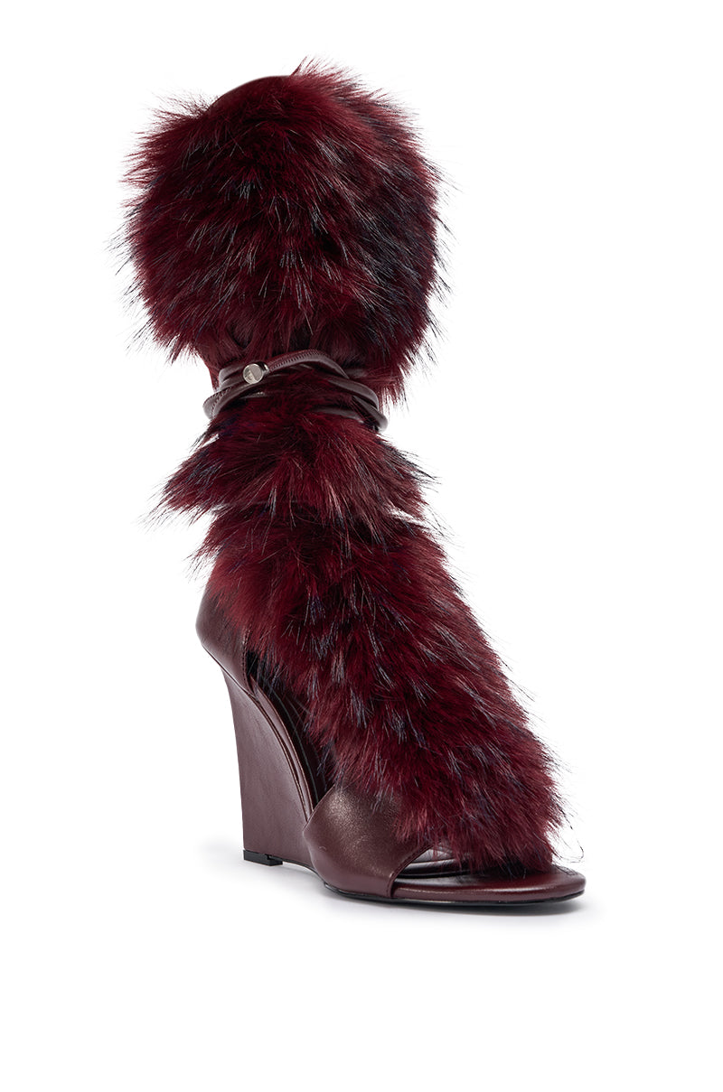 AZALEA WANG GENOVEVA BURGUNDY FUR WEDGE GLADIATOR SANDAL