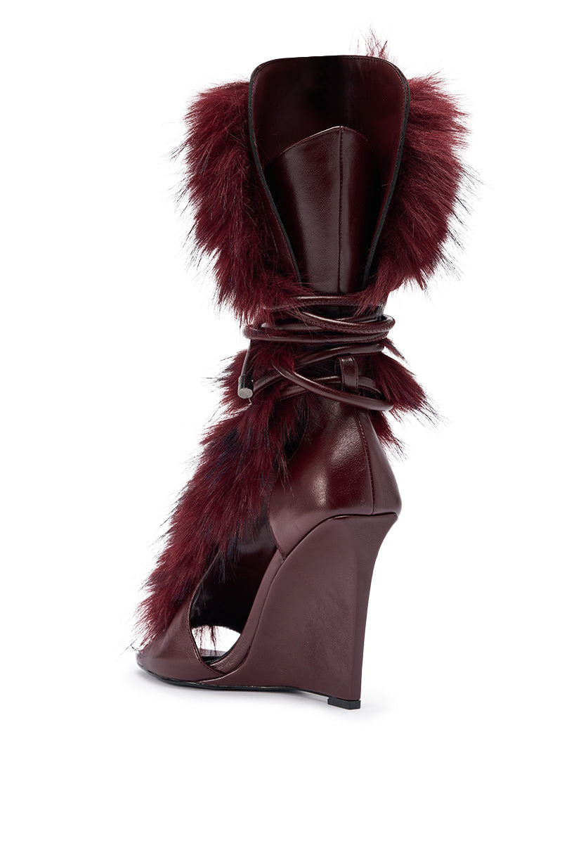AZALEA WANG GENOVEVA BURGUNDY FUR WEDGE GLADIATOR SANDAL