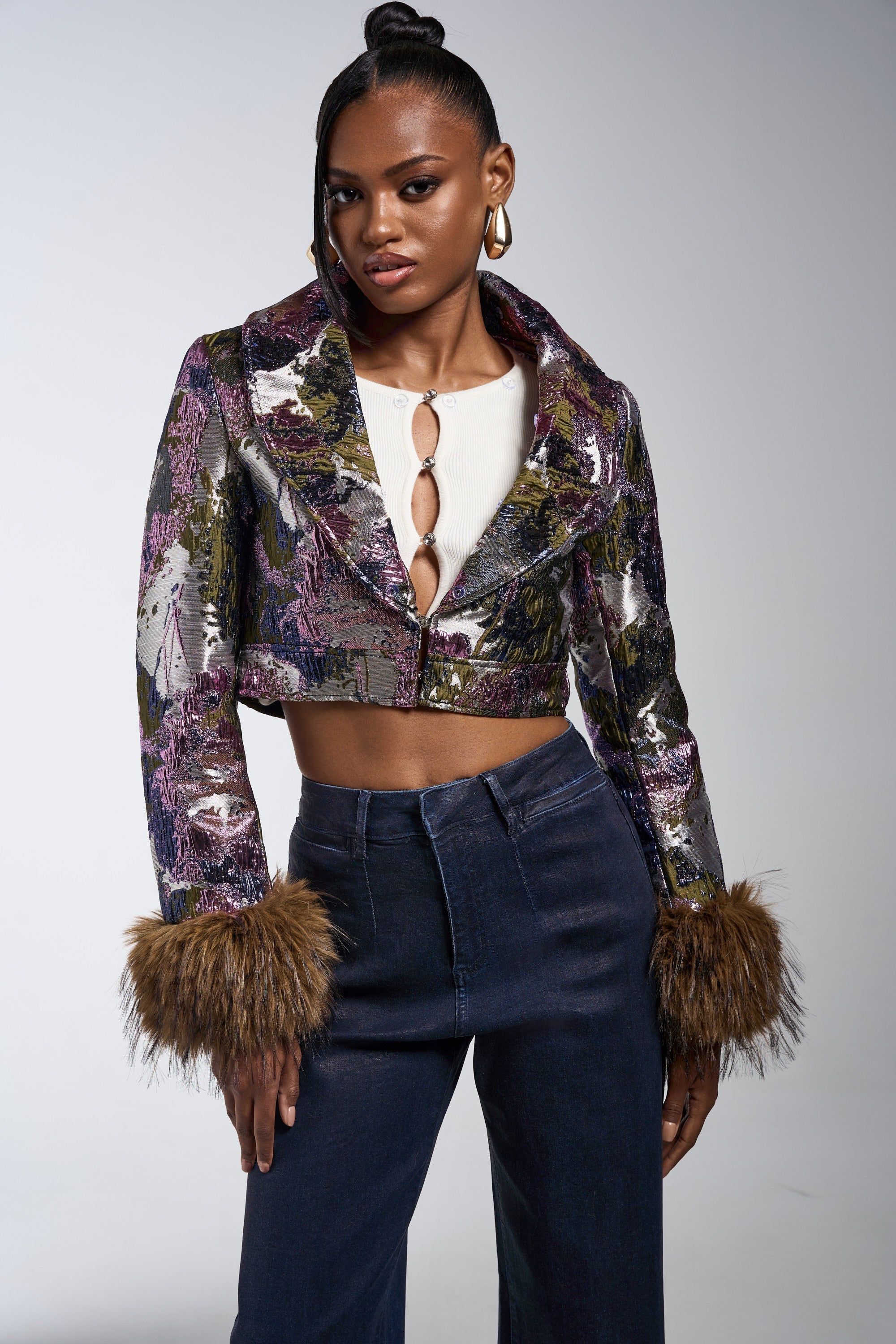 GISELE FUR TRIM MOTO IN BROCADE