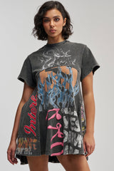 COLD HEARTED GRAPHIC MINI DRESS IN BLACK MULTI