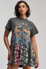 COLD HEARTED GRAPHIC MINI DRESS IN BLACK MULTI