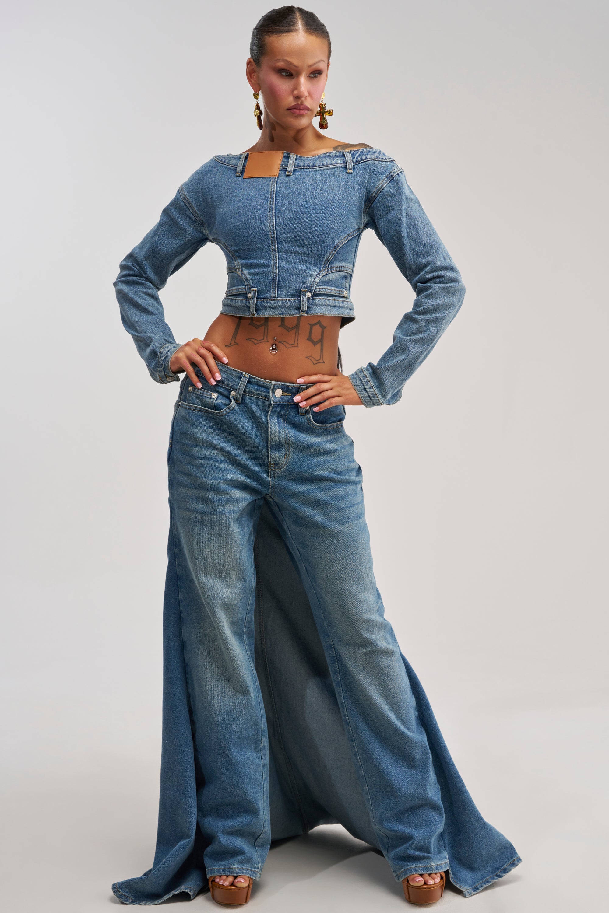SHAKE IT OFF DENIM OFF THE SHOULDER TOP