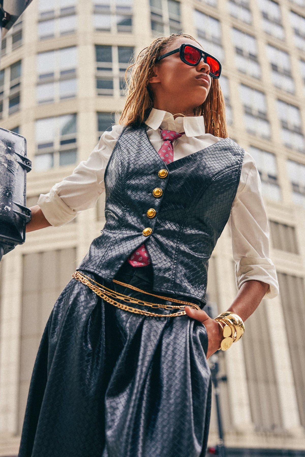 OFFICE BADDIE WOVEN PU VEST