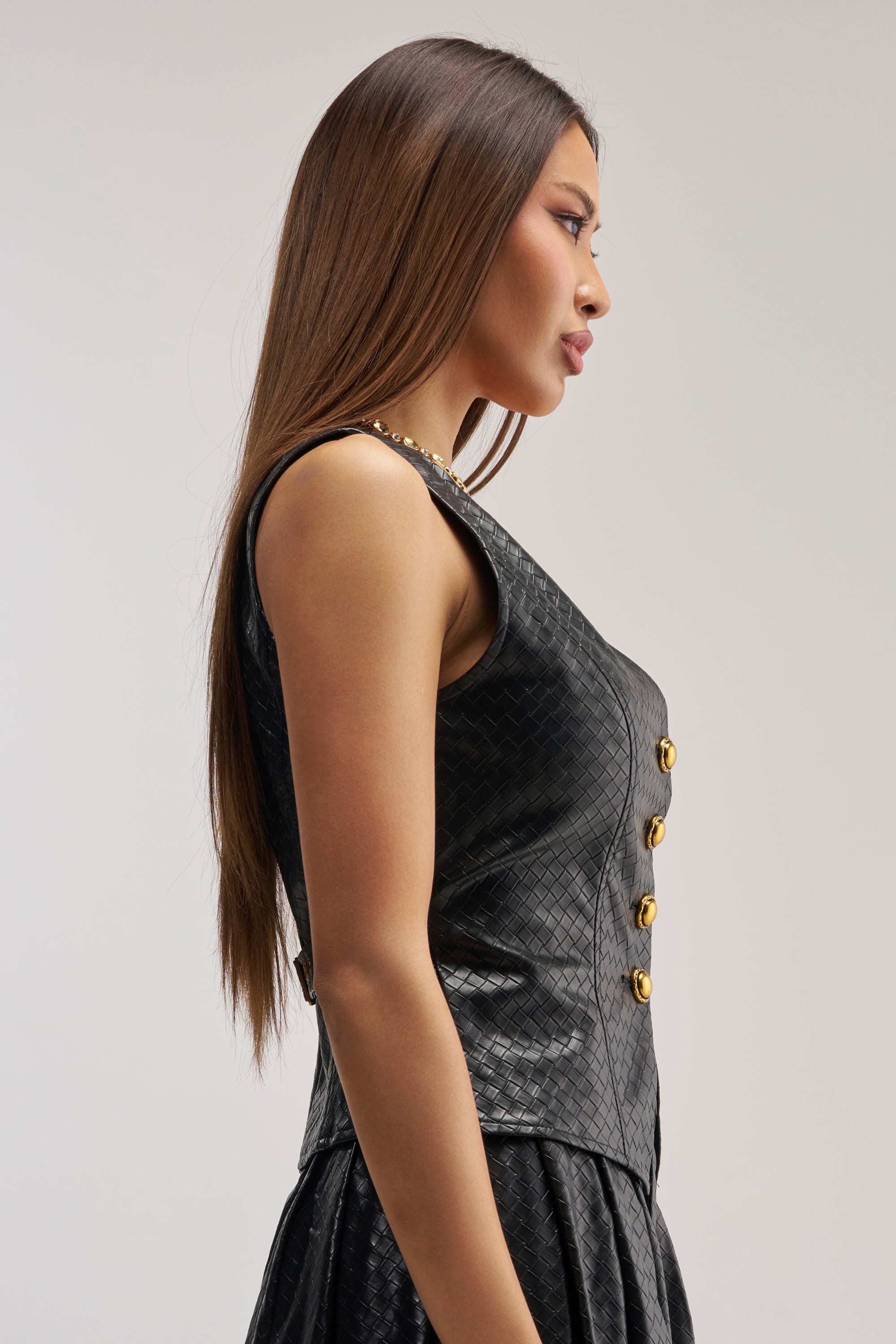 OFFICE BADDIE WOVEN PU VEST