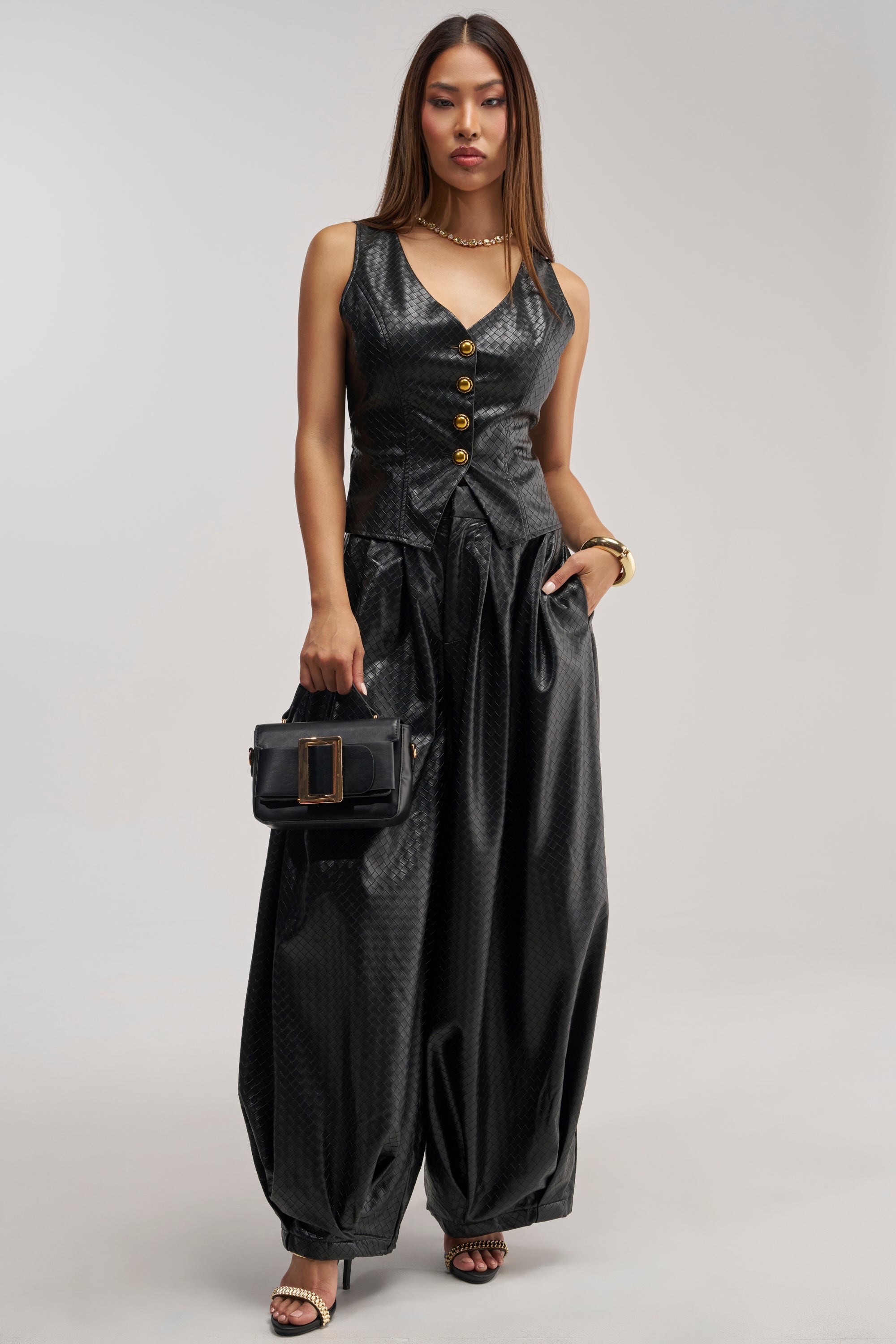 OFFICE BADDIE WOVEN PU VEST