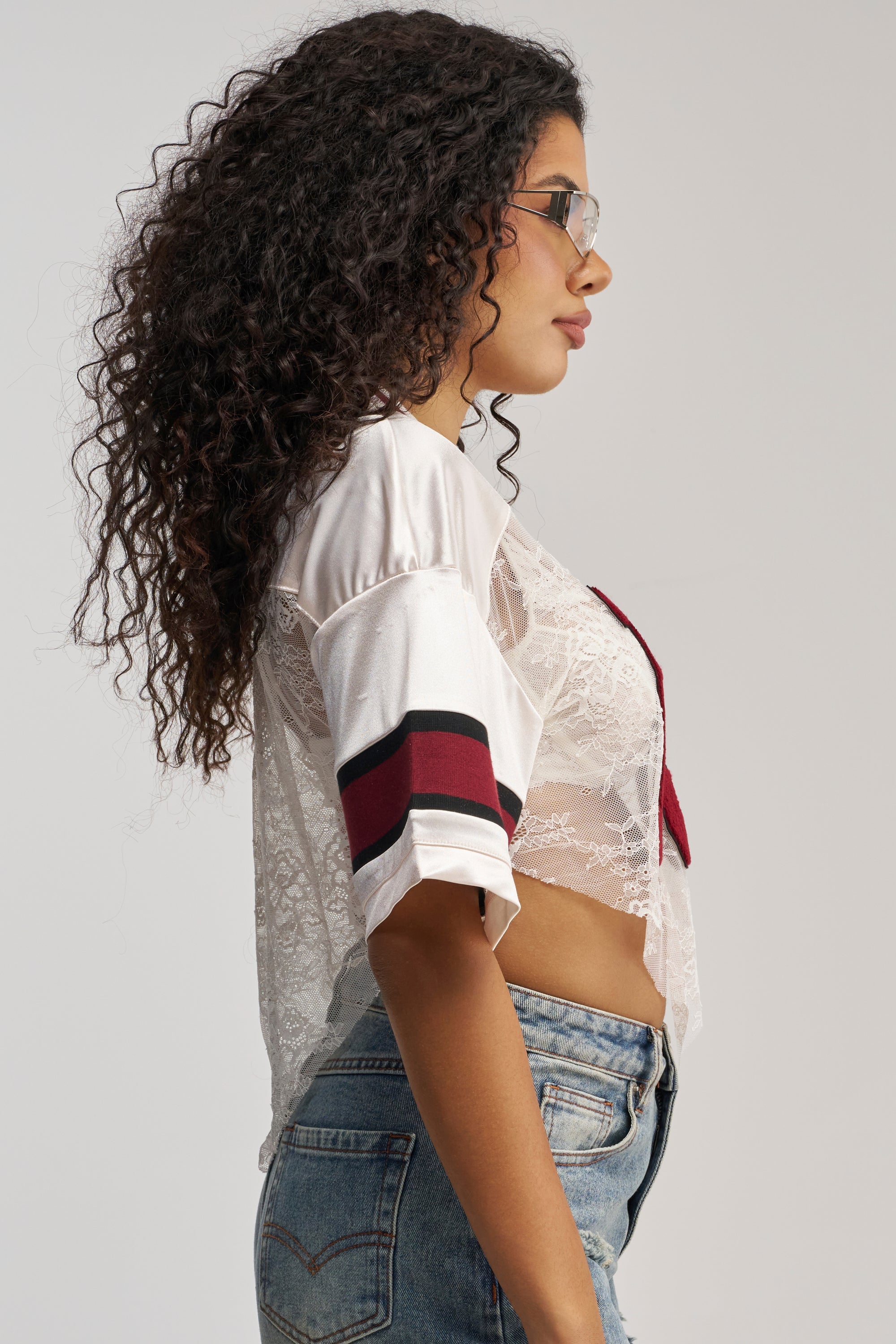 LUCKY LACE JERSEY TOP IN IVORY MULTI