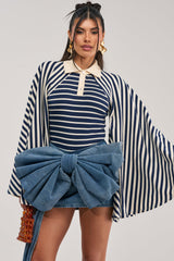ALMA STRIPE COLLARED BODYSUIT IN NAVY