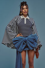 ALMA STRIPE COLLARED BODYSUIT IN NAVY