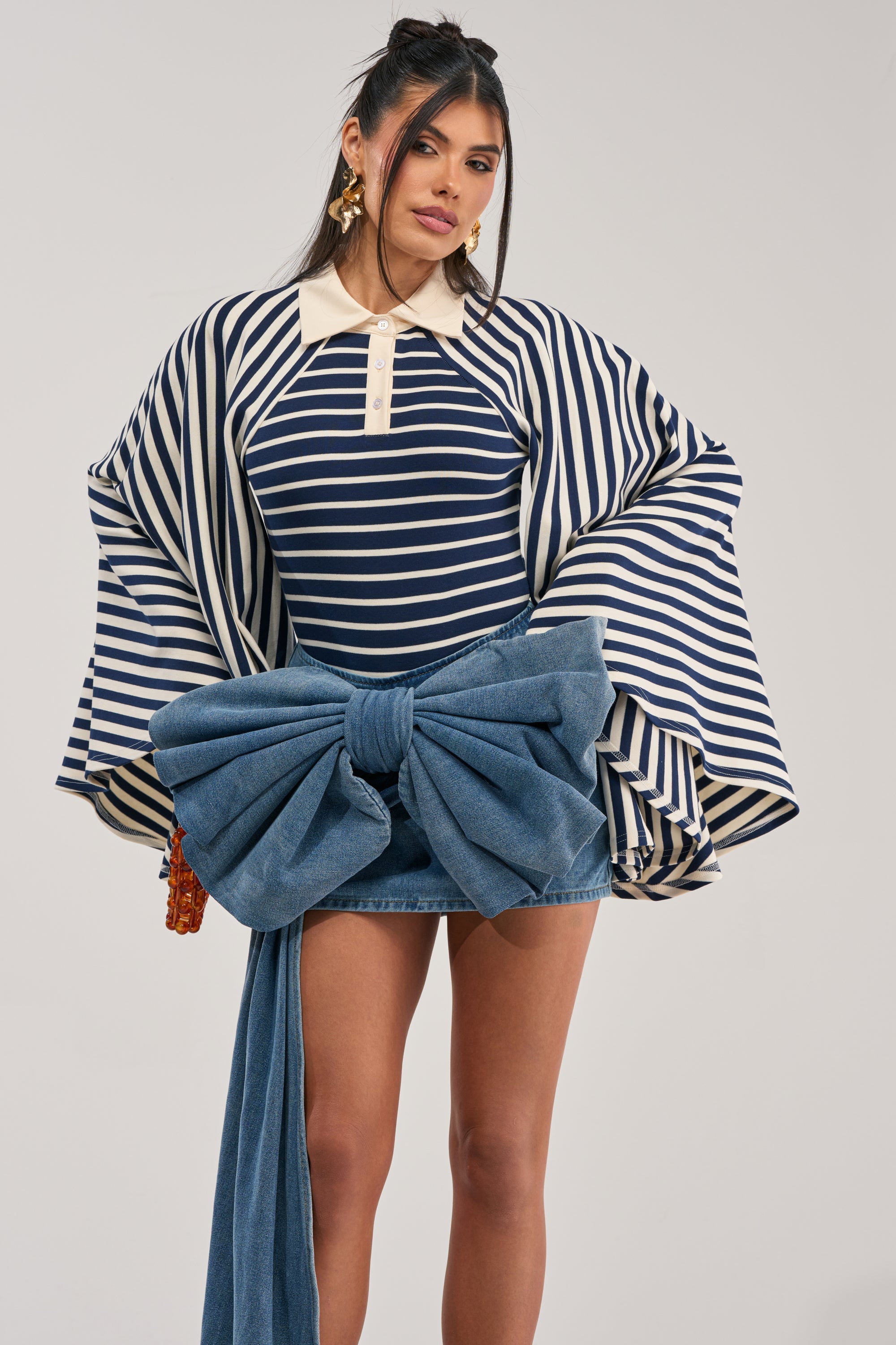 ALMA STRIPE COLLARED BODYSUIT IN NAVY
