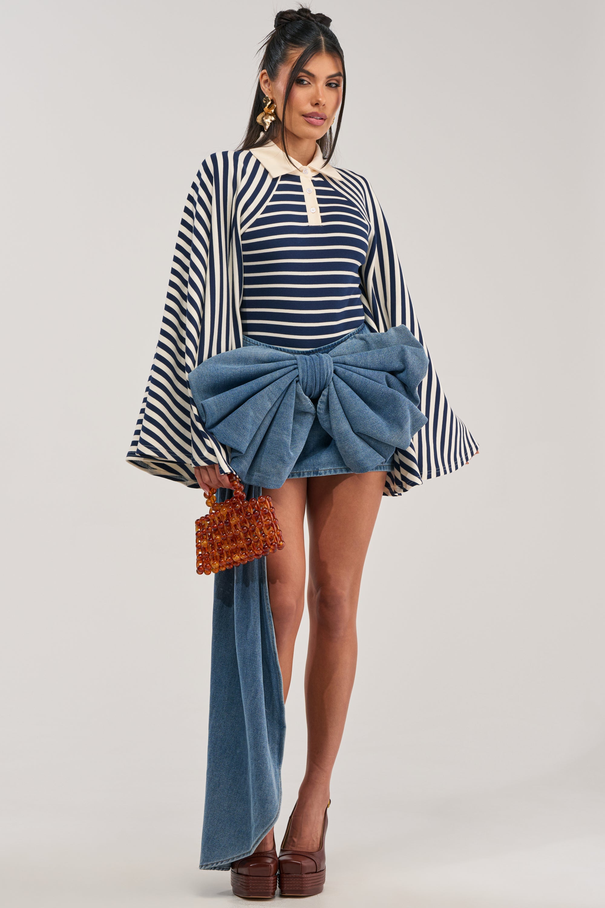 ALMA STRIPE COLLARED BODYSUIT IN NAVY