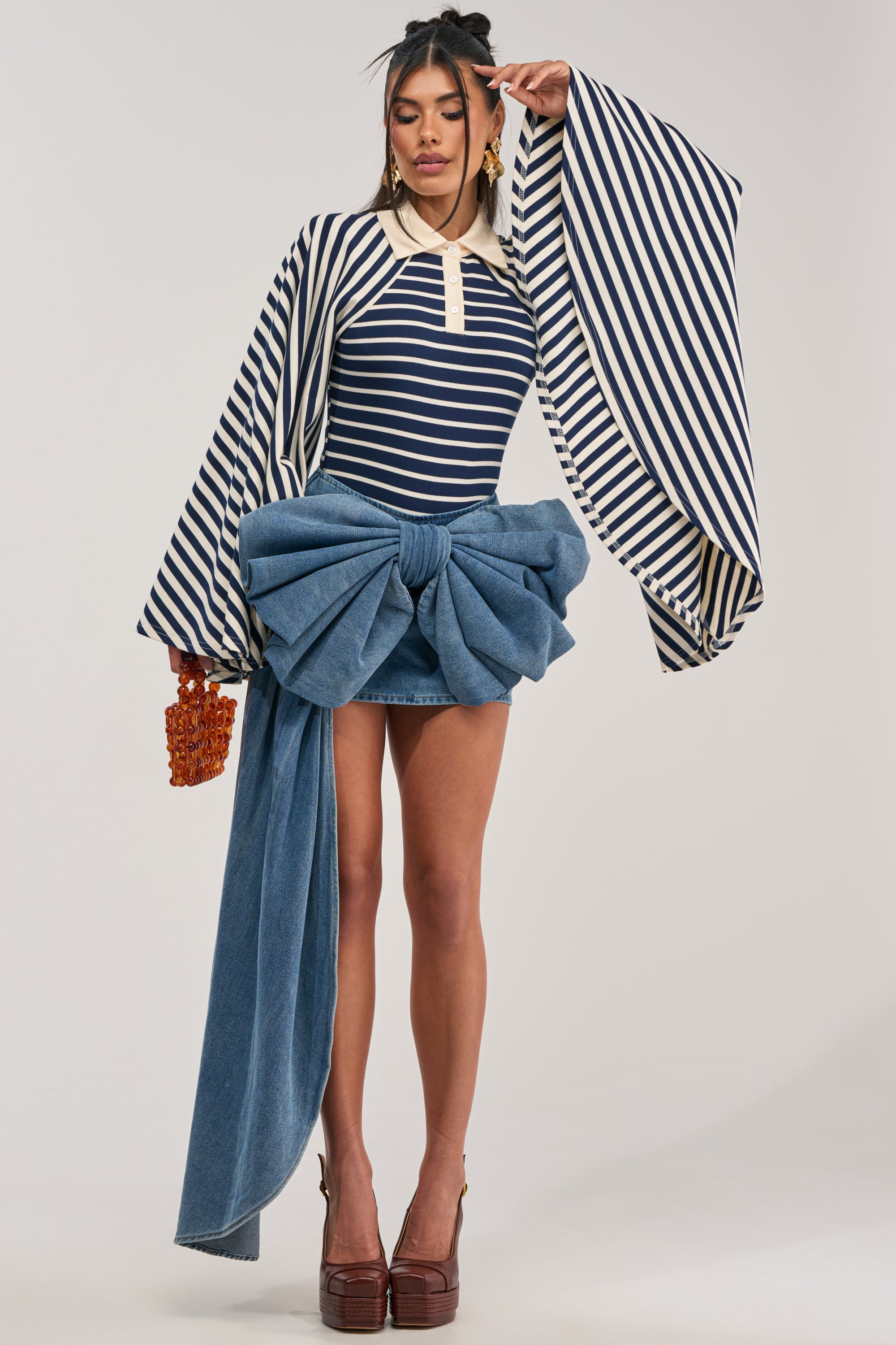 ALMA STRIPE COLLARED BODYSUIT IN NAVY