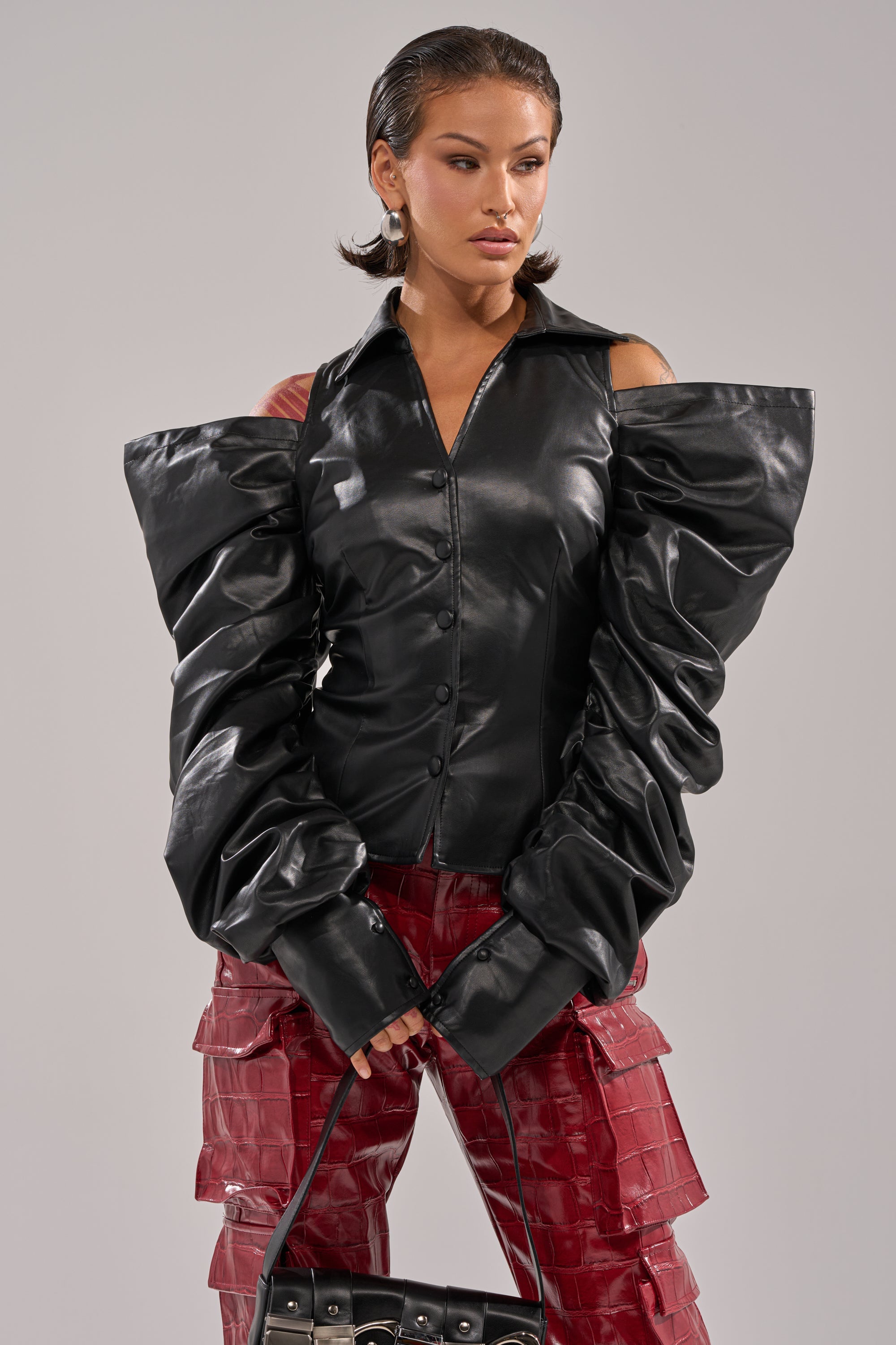 CRAZY IN LOVE BLACK FAUX LEATHER BUTTON DOWN BLOUSE
