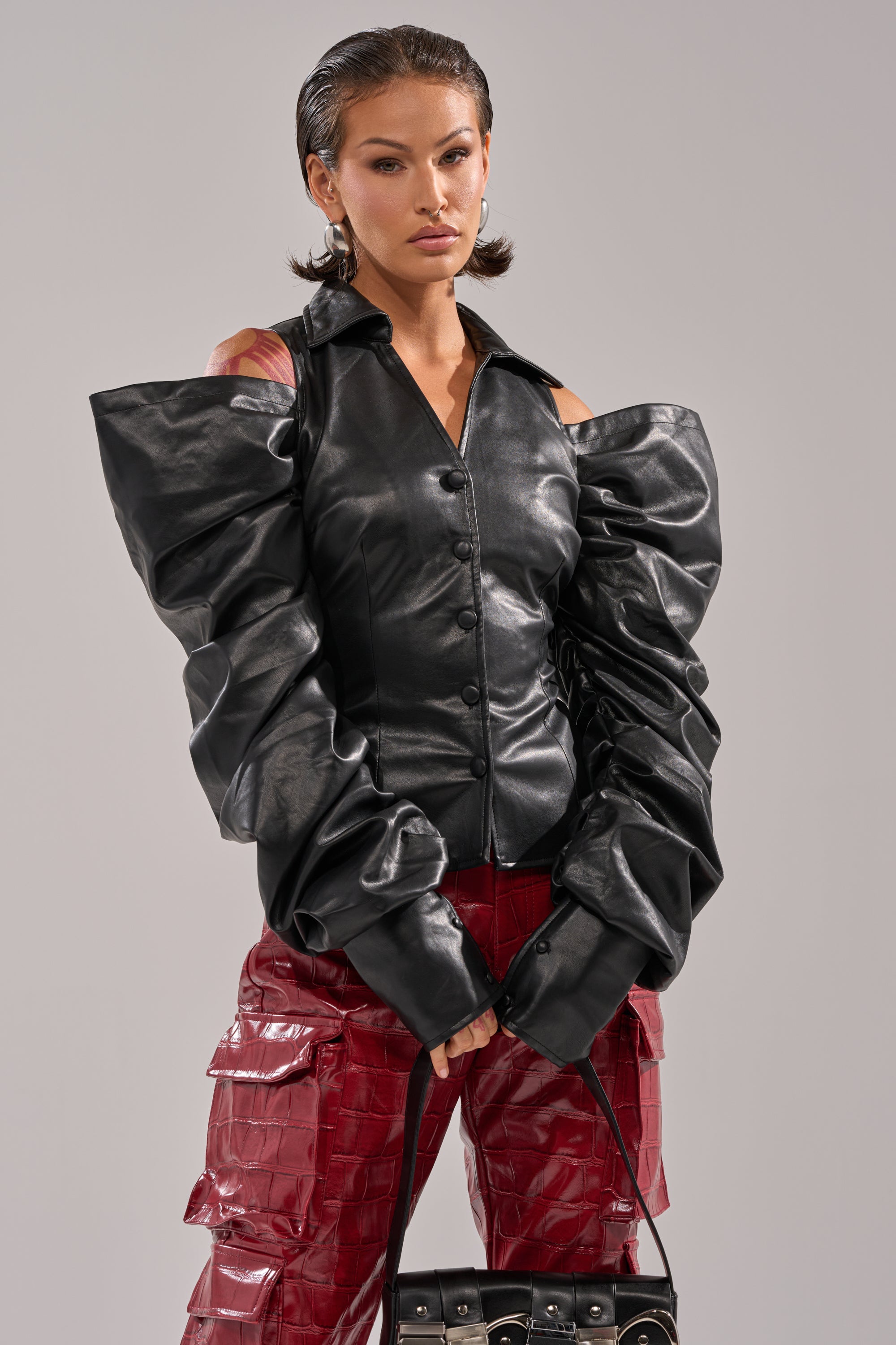 CRAZY IN LOVE BLACK FAUX LEATHER BUTTON DOWN BLOUSE