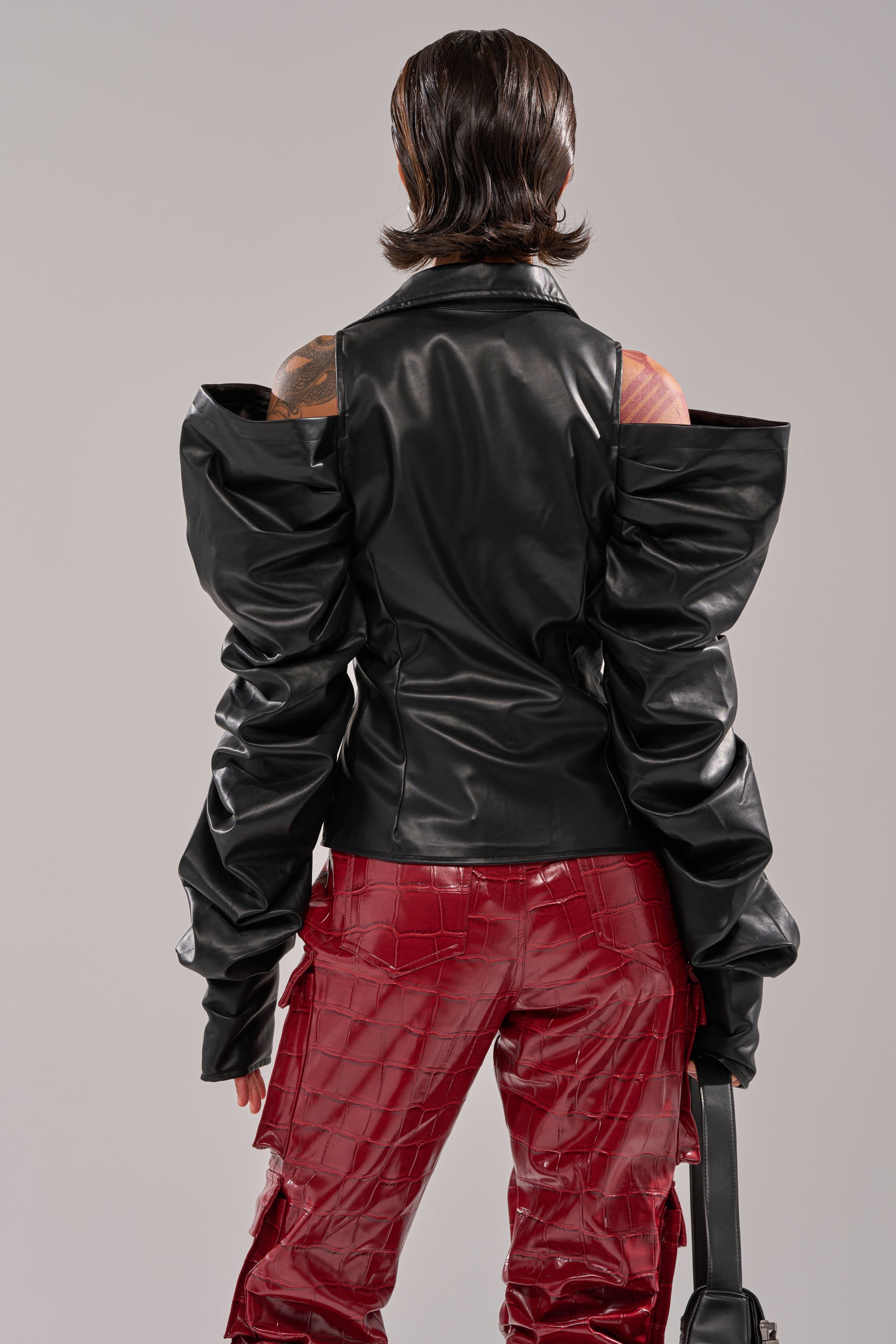 CRAZY IN LOVE BLACK FAUX LEATHER BUTTON DOWN BLOUSE
