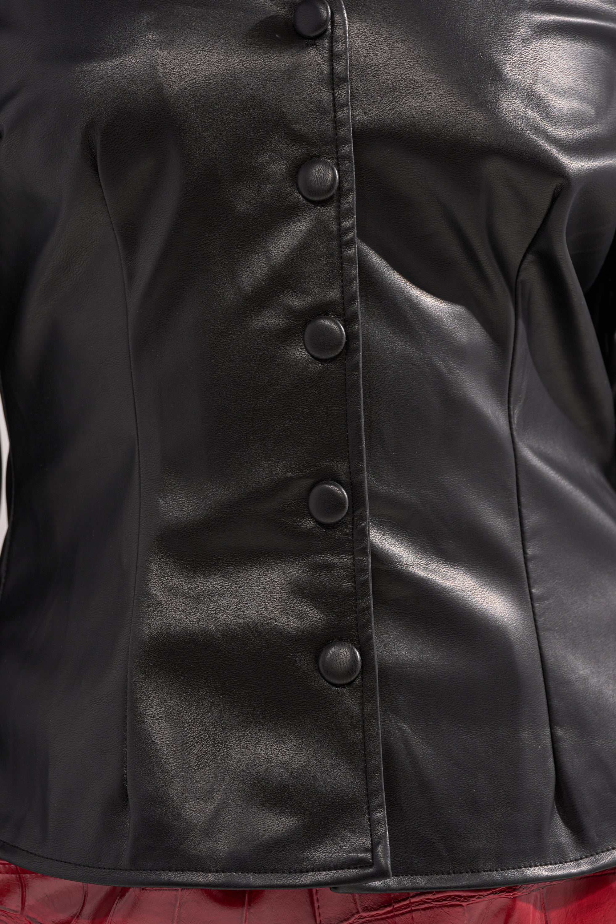 CRAZY IN LOVE BLACK FAUX LEATHER BUTTON DOWN BLOUSE