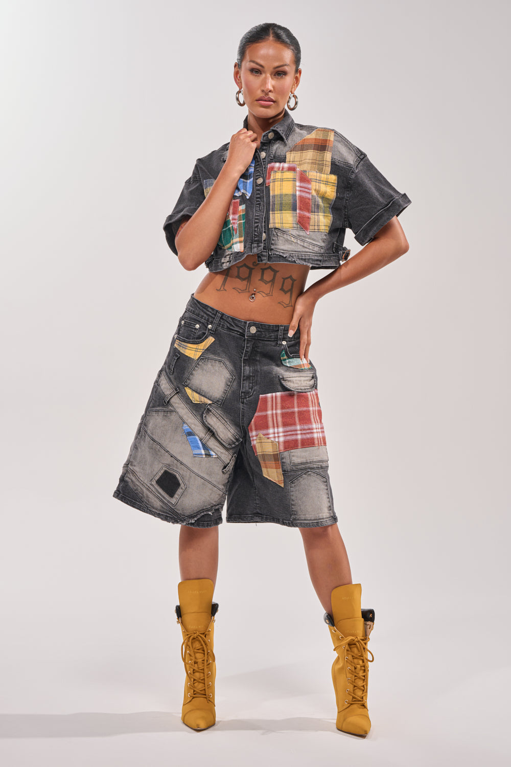 DREA MIXED PLAID CROP SHORT SLEEVE BUTTON DOWN