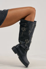 AZALEA WANG HANOVER BLACK EMBELLISHED FLAT BOOT