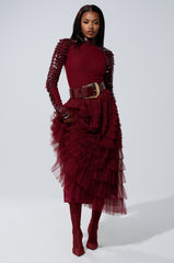 STARS ALIGNED MESH RUFFLE MAXI SKIRT IN BURGUNDY