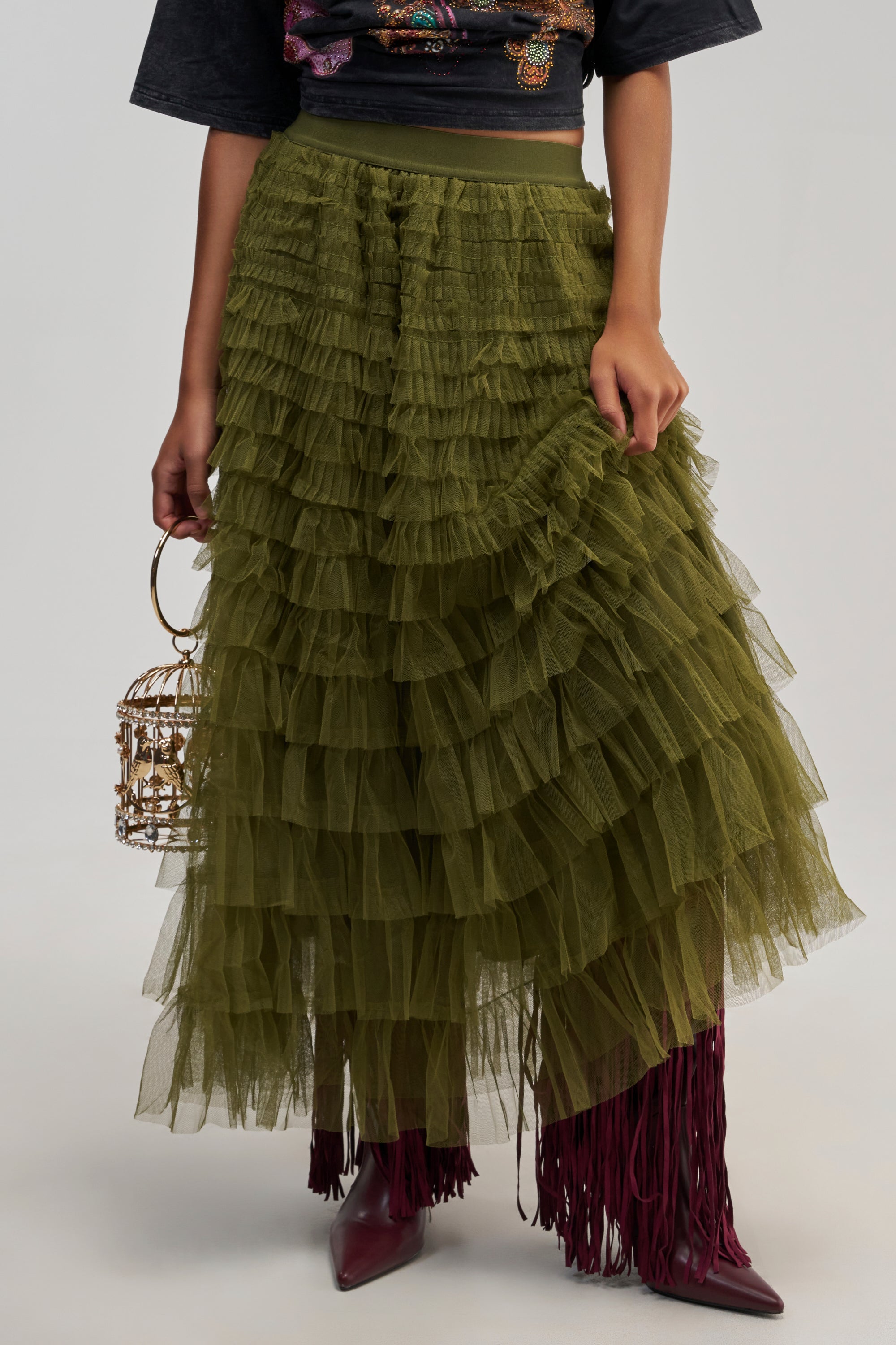 STARS ALIGNED MESH RUFFLE MAXI SKIRT