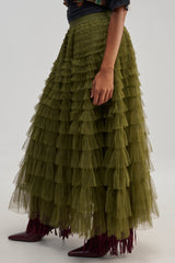 STARS ALIGNED MESH RUFFLE MAXI SKIRT