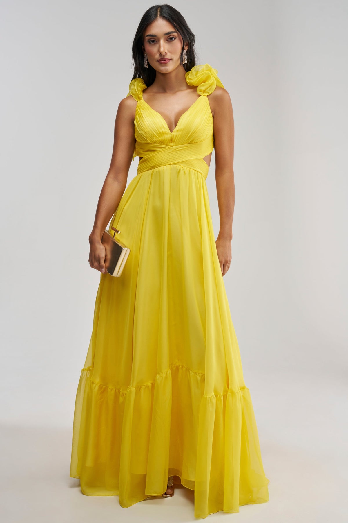 POPPING CHAMPAGNE CHIFFON MAXI DRESS IN YELLOW