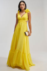 POPPING CHAMPAGNE CHIFFON MAXI DRESS IN YELLOW