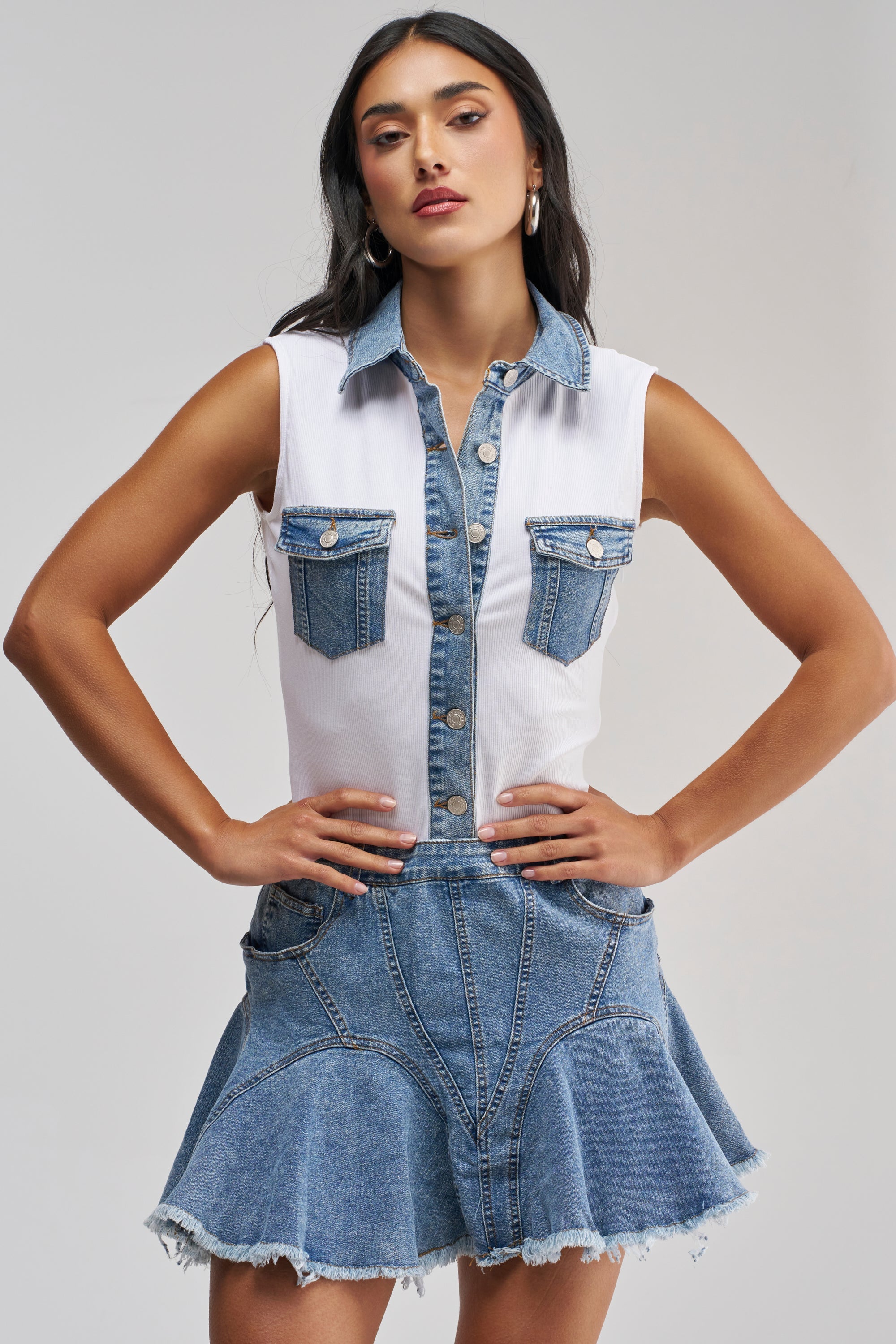JULIETTE KNIT DENIM SLEEVELESS MINI DRESS