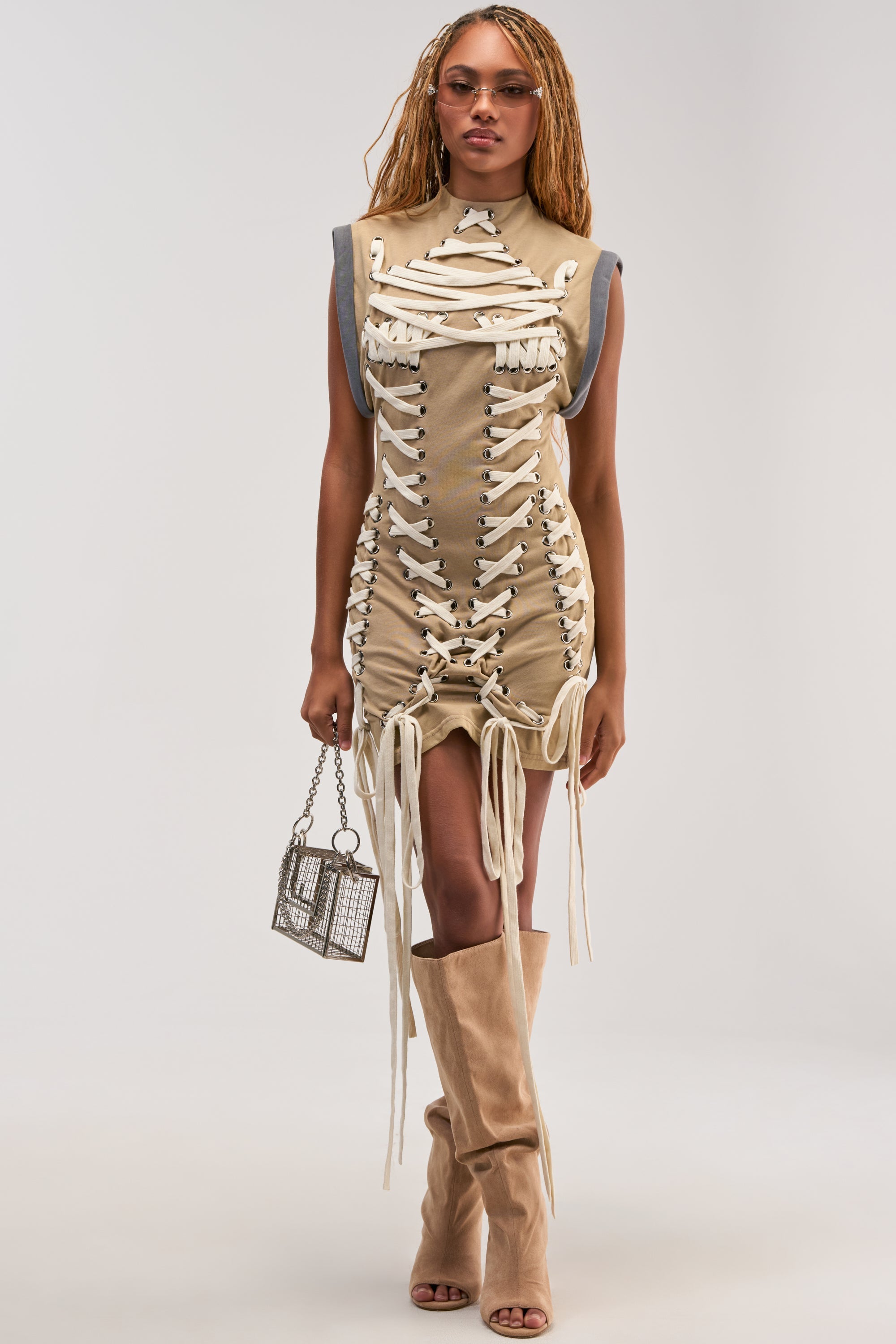 BANKS LACE UP MOCK NECK KNIT MINI DRESS IN DESERT