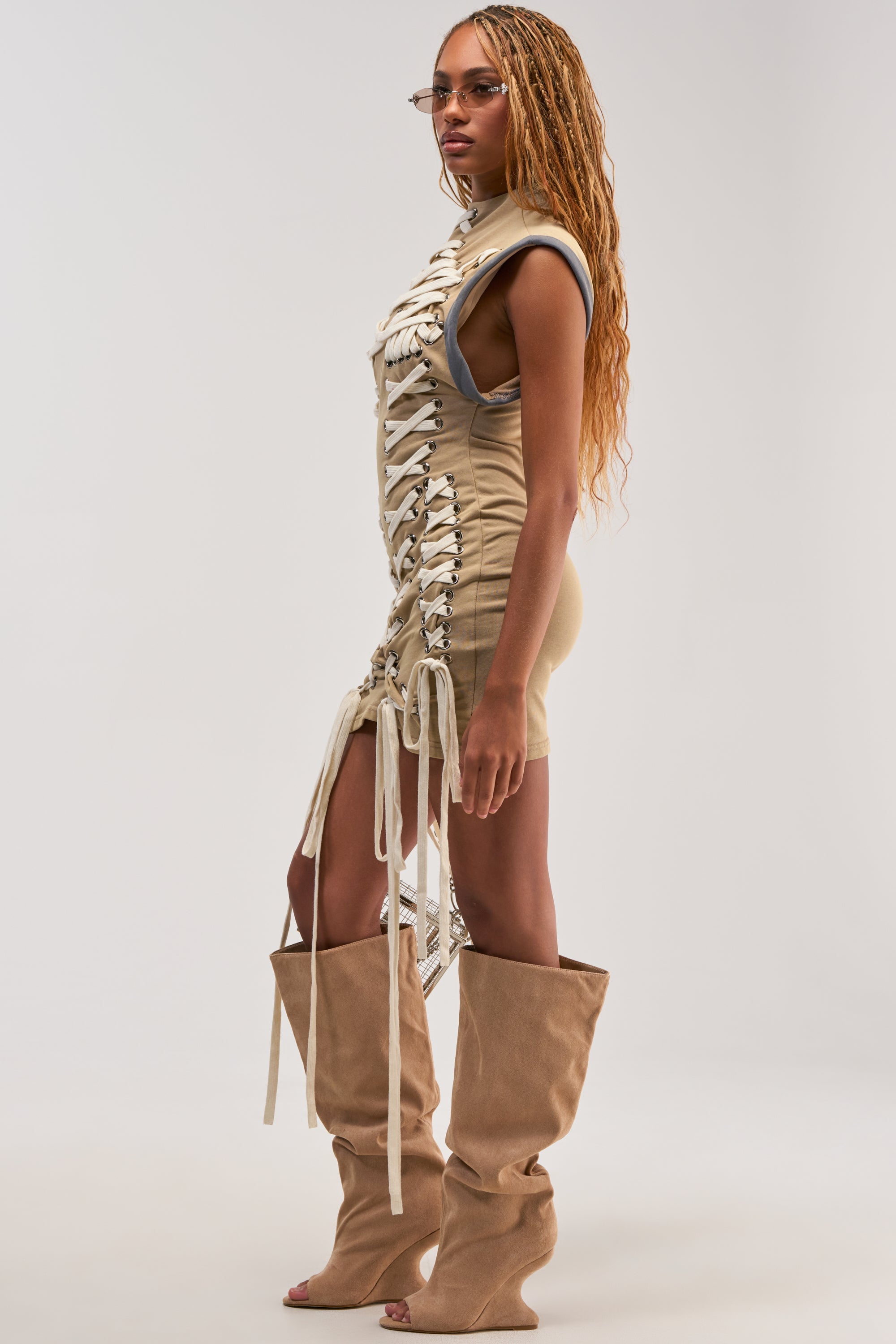 BANKS LACE UP MOCK NECK KNIT MINI DRESS IN DESERT
