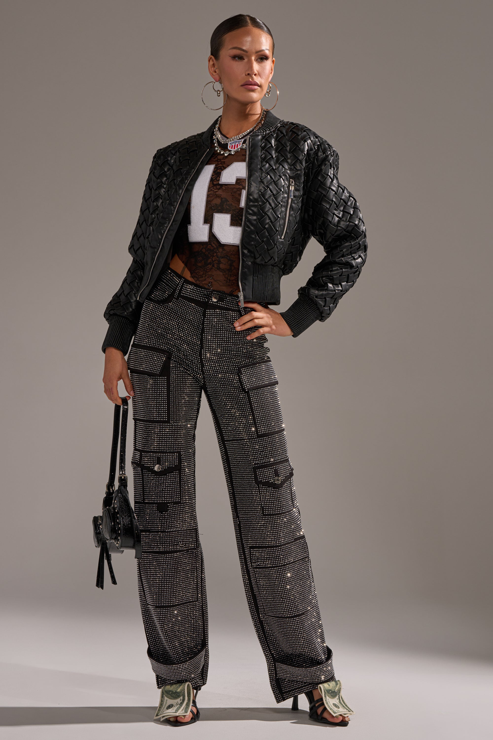 AMMO BONNE SOIREE RHINESTONE CARGO PANTS IN BLACK